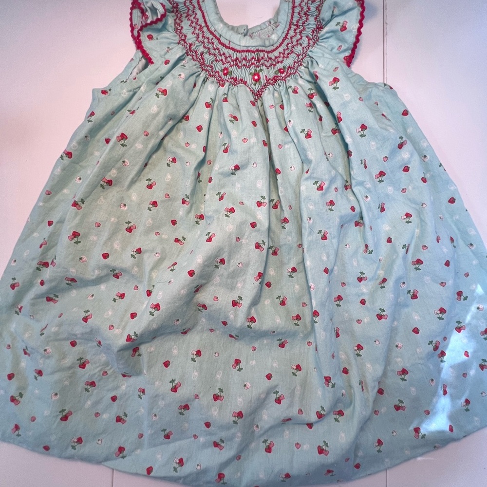 Handmade Smocked Strawberry Sky Blue Red Embroidered Ric Rac Sleeve Dress 1-3 Yr